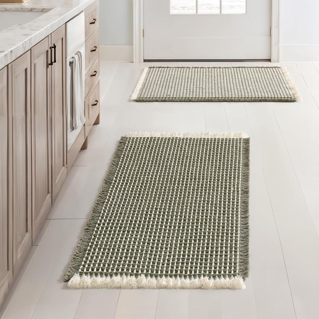 MIULEE Set of 2 Waffle Bathroom Rugs, Boho Bath Rugs Non Slip Washable, Super Absorbent Bath Mats, Ultra Soft Rubber Backed Shower Mats for Bathroom Floor, Tub, Green & Cream, 17x24 Inch