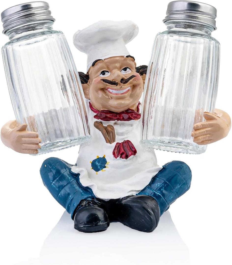 Chef Resin Salt & Pepper Shakers - Glass Spice Jars with Adorable Chef Figurine - Adorable Kitchen Decor
