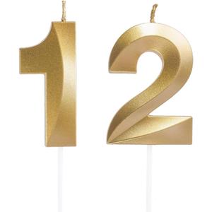 Number 12/21 Candle, Gold 3D Numeral Candles for 12/21st Birthday Cake Topper - Wedding Anniversary Party Decoration Supplies