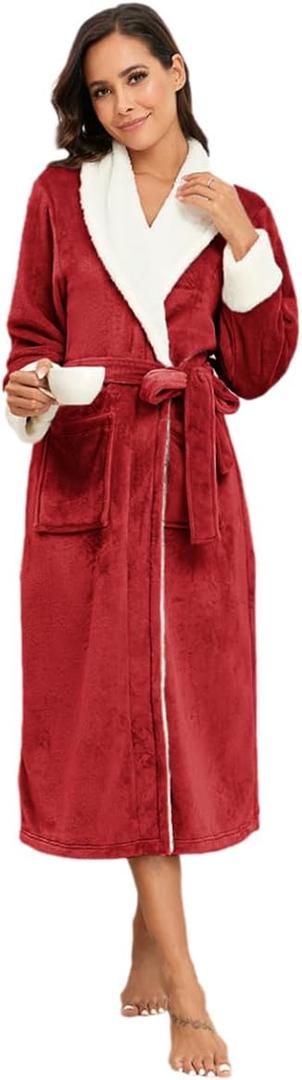 RONGTAI Women's Fleece Shawl Collar Bathrobe Plush Soft Long Spa Robe Lightweight Fluffy Cozy Shower Bathrobe (Large, Burgundy)