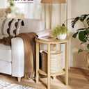 VASAGLE Round Side End Table, 2-Tier Boho Bedside Table with Rattan-Look, 1 Pack