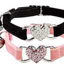 CHUKCHI Pink Soft Velvet Safe Cat Adjustable Collar with Crystal Heart Charm and Bells 8-11 Inches(Black+Pink)