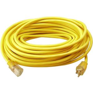 Southwire Outdoor Extension Cord – Durable Vinyl Jacket for For Farm, Ranch & Workshop - Lighted End With Reinforced Blades - SJTW, Yellow - 12 Gauge, 3 Prong - 100 Feet