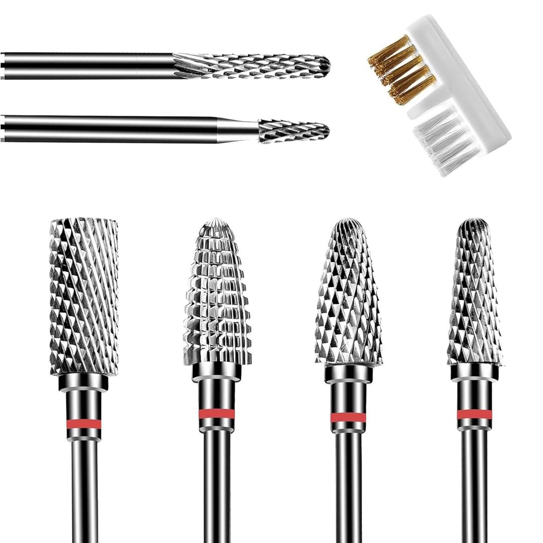 6Pcs Nail Drill Bits Set Professional, 3/32'' Electric Nail Drill Bits for Acrylic Gel Nails, Cuticle Nail Drill Bit Quick Gel Polish Remover Manicure Pedicure Tools with Cleaning Brush (Red)
