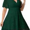 SCOMCHIC Women Plus Size Lace Cocktail Dresses Faux Wrap V Neck Short Sleeve Flowy A Line Wedding Guest Midi Dress (XL)