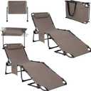 KingCamp 2 Pack Tanning Chair with Face Hole, Lounge Chairs Outdoor Folding Portable Comfy Adjustable 5-Position Foldable Chaise Chaser with Canopy Shade for Outside Beach Patio Sun Bathing, Beige