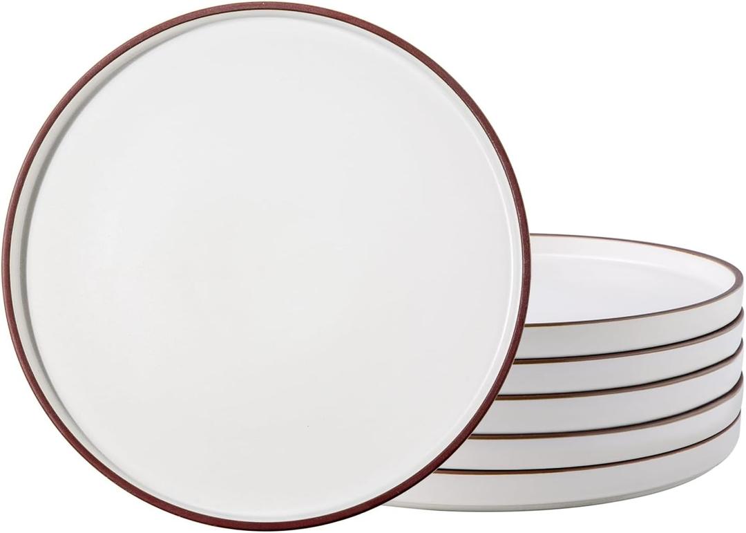 LERATIO Ceramic Plates,8.0 Inch Flat Salad Plates Set of 6,High Edge Modern plates for Kitchen,Microwave & Dishwasher & Oven Safe, Scratch Resistant Dishes Set-Matte White with Rim