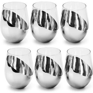 MyGift Modern Stemless Wine Glass Set of 6, White or Red Wine Glasses with Silver Metallic Bottom Angled Design