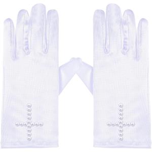 First Communion Accessories for Girl and Boy Cross Gloves with Beaded White Satin Gloves with Rhinestone Religion Gift for First Holy Communion Birthday Party
