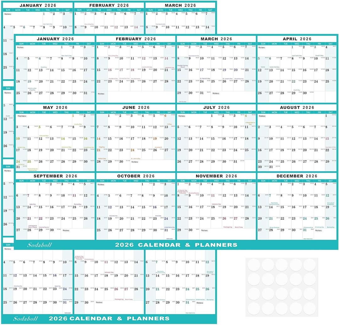 24" x 36" 2026 Wall Calendar, Folded Wet & Dry Erase Wall Calendar 12 Month, Annual Yearly Planner Yearly Laminated Calendar 2026 Horizontal/Vertical, with Julian Dates