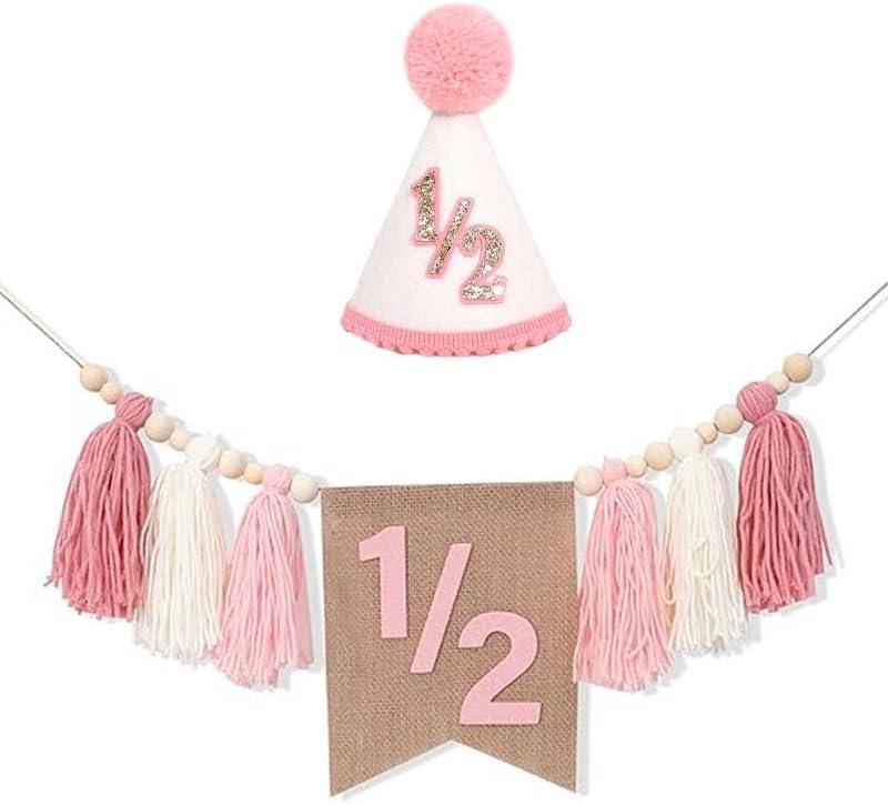 High Chair Banner 1/2 Birthday Pink Tassels Half Way To One Decorations 6 Months Hat Party Decorations High Chair Banner Happy Half Birthday Party Decorations Photo Props
