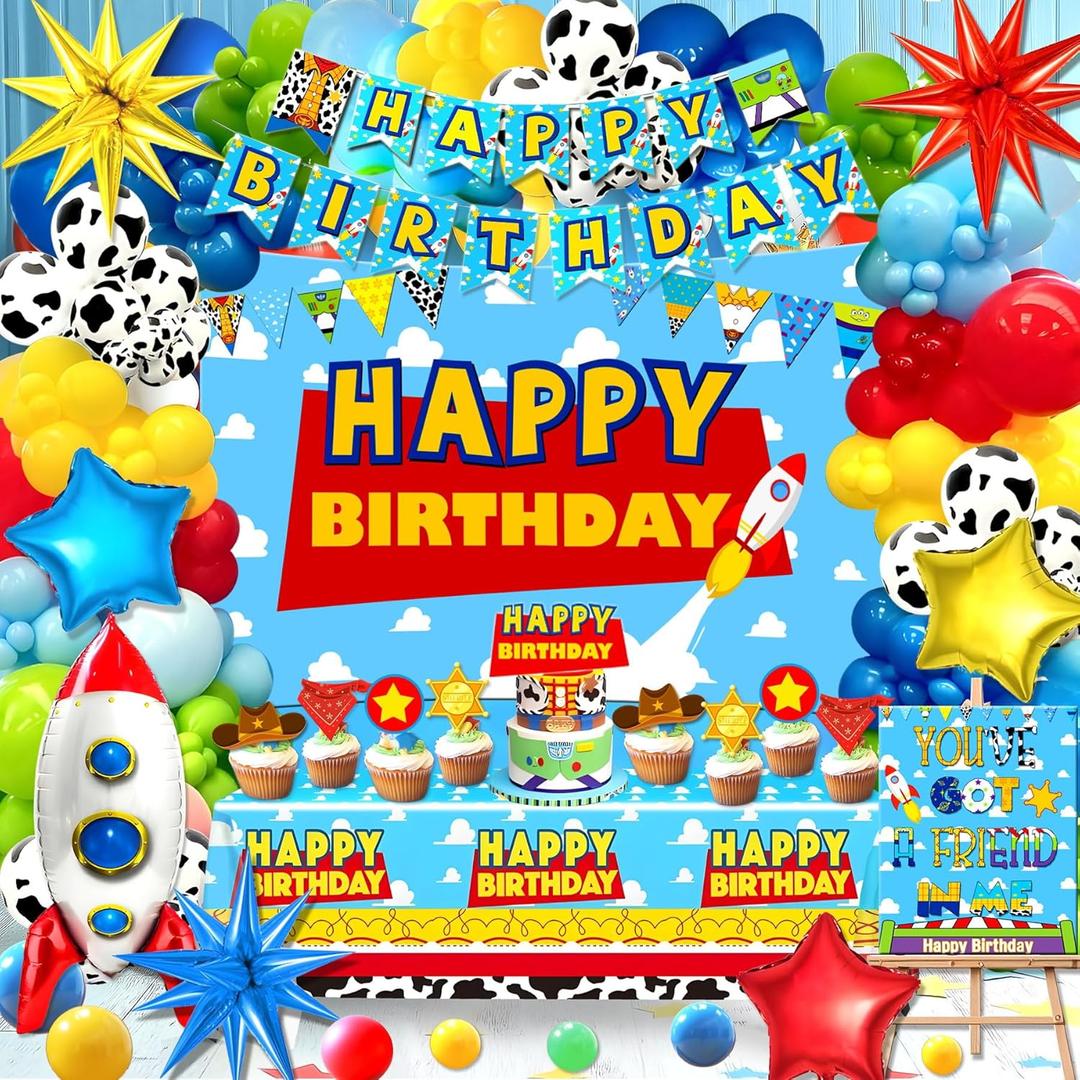 125pcs Toy Theme Birthday Decorations, Balloons Backdrop Banner Tablecloth Cake Topper for Cartoon Story Birthday Party Decorations