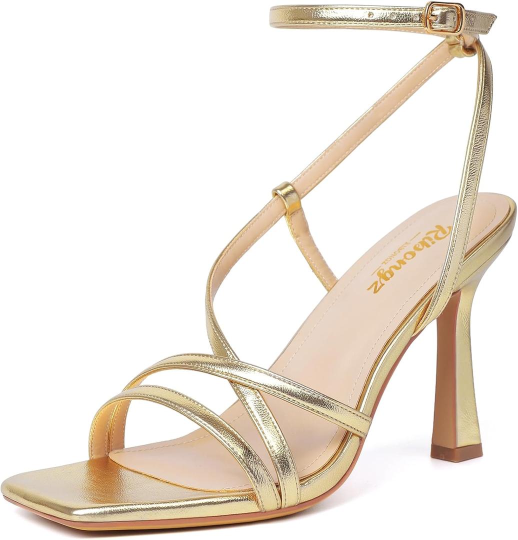 RIBONGZ Strappy Stiletto Kitten Heels Ankle Strap Sexy Heeled Sandals for Women Square Open Toe High Heels Wedding Bride Party Prom Dress Shoes (7, Gold)