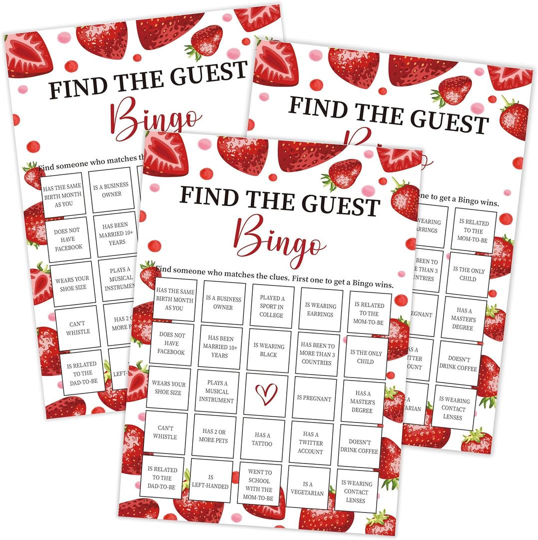 Strawberry Find The Guest Bingo Game, Baby Shower Game, Pack of 30 Game Cards, Gender Neutral Boy or Girl, Fun Baby Game and Activity - FA13