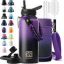 Insulated Water Bottle | Thickened Stainless Steel Vacuum Metal | Portable Sports Water Jug for Gym and Hiking with Straw, Carrier Bag, Handle Strap | BPA-Free 32 oz (Purple/Black)