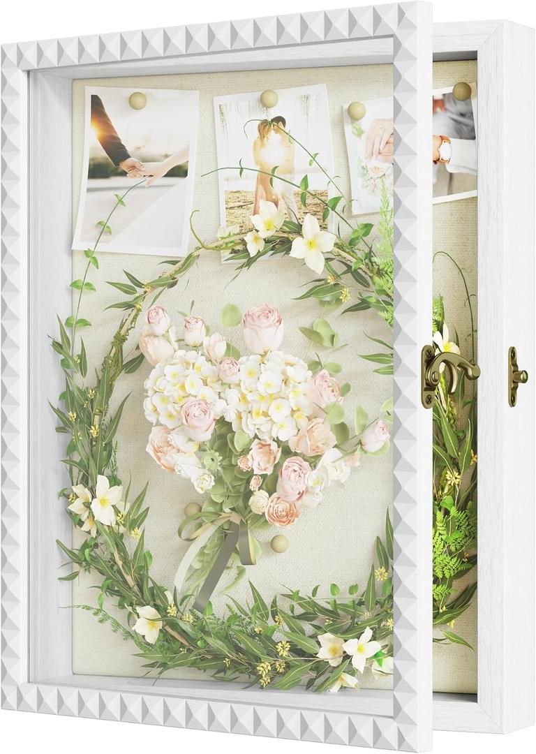 SZQINJI Shadow Box Frame 11x14 Deep Large Shadow Box Display Cases Wood Memory Box with Diamond Shape Door Vintage Lock for Graduation Medals Photos Baby Wedding Flower Pet Memorial Keepsakes White