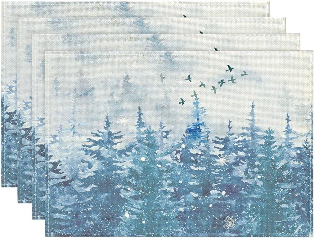 Artoid Mode Xmas Trees Winter Placemats Set of 4, 12x18 Inch Seasonal Blue Christmas Table Mats for Party Kitchen Dining Decoration