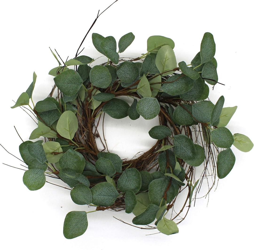 Rustic Country Artificial Eucalyptus Leaves and Twig Wreath, Year Round Full Green Wreath for Indoor or Outdoor Display, 14-Inch