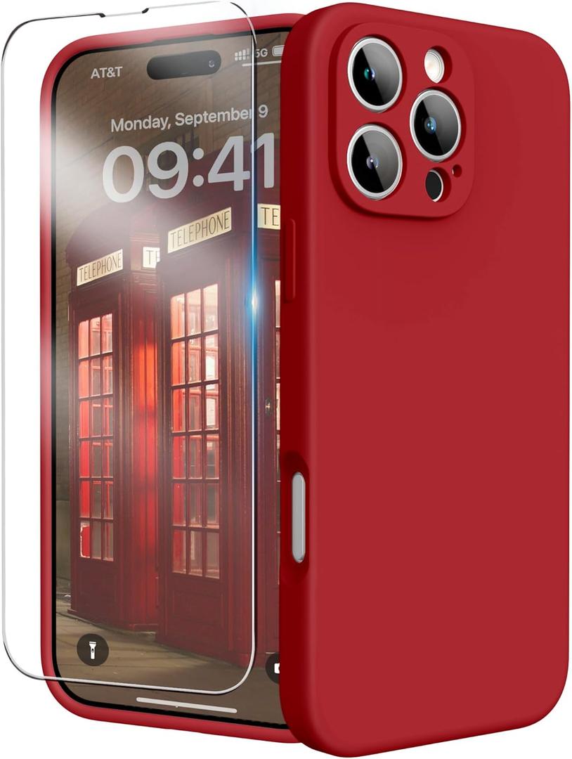 for iPhone 16 Pro Case, Liquid Silicone Case with Camera Protection Soft Gel Rubber Cover with Microfiber Lining Shockproof Protective Phone Case for iPhone 16 Pro 6.3" (Red)