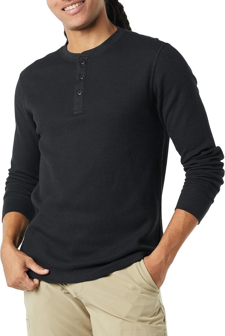 Amazon Essentials Men's Long Sleeve Waffle Henley Shirt (X-Large, Black)