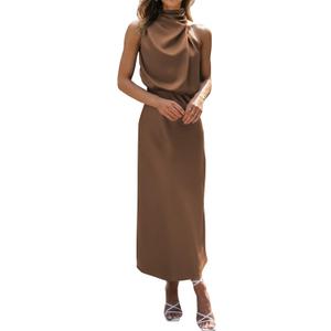 BTFBM Women Sleeveless Cocktail Dresses Fall Mock Neck Keyhole Elastic High Waist Evening Party Maxi Wedding Guest Dress (Medium, Khaki)
