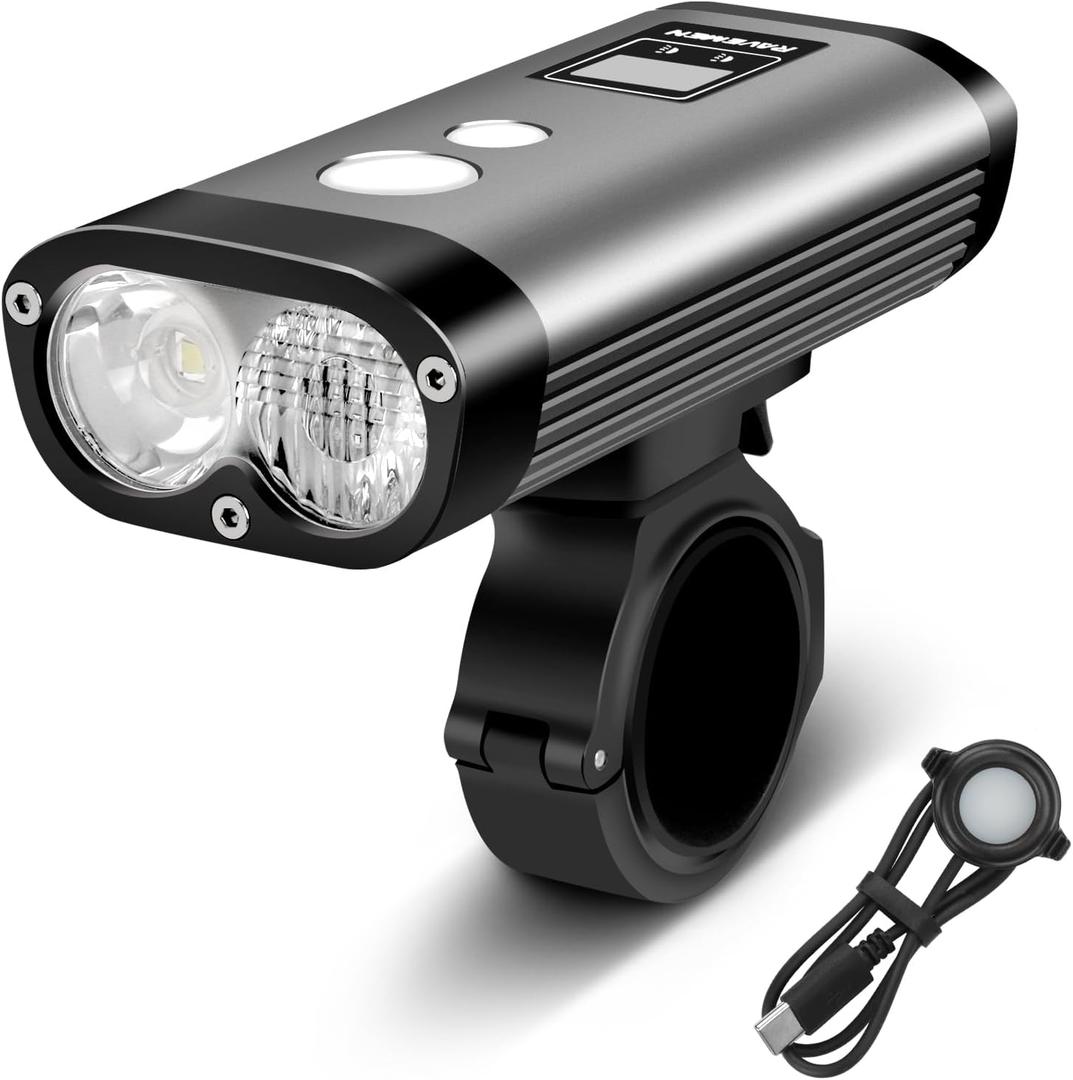 RAVEMEN PR1400 Rechargeable Bike Light, 1400 Lumens Light for Bike with Dual Lens, LED Display, IPX8 Waterproof Bike Front Light for Mountain Biking, Night Riding