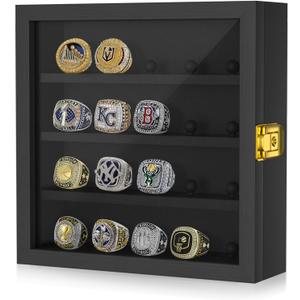 Championship Ring Display Case: Wooden Shadow Box with 20 Ring Posts Sports Award Rings - Baseball, Basketball, Football, Soccer