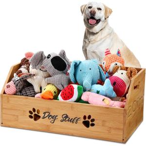 Leinuosen Large Dog Toy Bin Basket, 20 Inch Large Stuff Toy Storage Basket Bin with Bone Handle Cutout Pattern Bamboo Container for Organizing and Storage Dog Leash Chew Toys(Natural, Undivided)