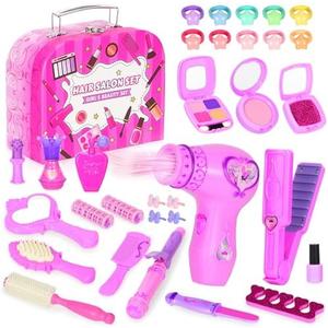 VGOFUN Hair Salon Toys for Girls,38 Pcs Girls Toys Beauty Salon Playset Toddler Pretend Play Hair Styling Kit Kids Makeup Set with Hairdryer Mirror Curling Iron Portable Box and Stylist Accessories