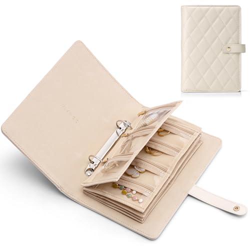 Vlando Teacher Gifts for Women,Travel Jewelry Organizer Case,Jewelry Storage Book Ring Binder with Clear Zipper Velvet Jewelry Pouches Bags for Rings,Necklace,Earrings-Cream White
