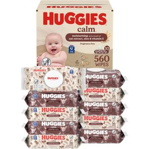 Huggies Calm Baby Wipes, Unscented, Hypoallergenic, 10 Push Button Packs (560 Wipes Total)