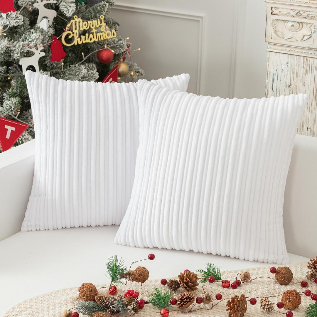 Kevin Textile 2 Pack Decorations Super Soft Striped Corduroy Large Throw Pillow Sham Cushion Cover Living Room, 20 x 20 Inch (50cm), Pure White