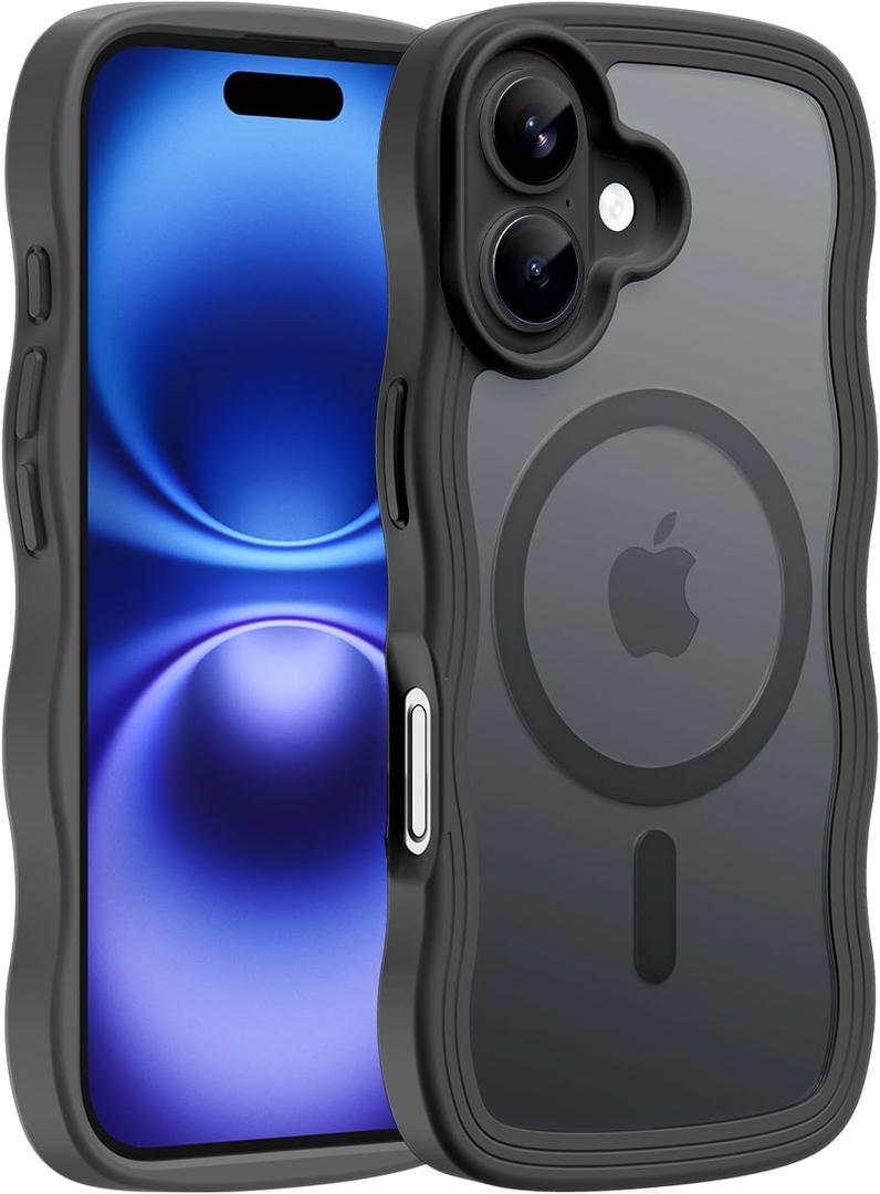 Hualele Magnetic for iPhone 16 Case, Compatible with MagSafe, Military Grade Dropproof Translucent Matte Back Cute Curly Wave Edge Slim Phone Case for iPhone 16, Black