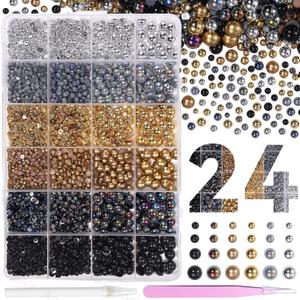9000 Pcs Nail Art Pearls Half Pearls for Crafts Gold Silver Black Flatback Gold Pearl 3-8mm ABS Pearl Beads Gems for Nails Art DIY Crafts Shoes Clothes Bags DIY Making (Set-4)