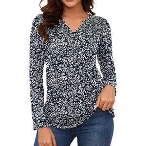 LOMON Women's Casual Shirred V Neck Tops Smocked Long Sleeve Shirts for Women Fall Loose Pleated Tunic Blouses (S)