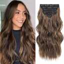Clip in Long Wavy Synthetic Hair Extensions 20 Inch Brown with Caramel Highlights 6PCS Thick Hairpieces Fiber Double Weft Hair for Women