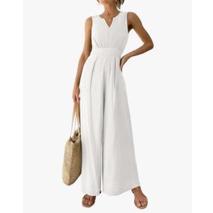 ANRABESS Jumpsuits for Women Summer Dressy Casual Linen Romper Sleeveless V Neck High Waist Wide Leg Beach Vacation Outfits, Large