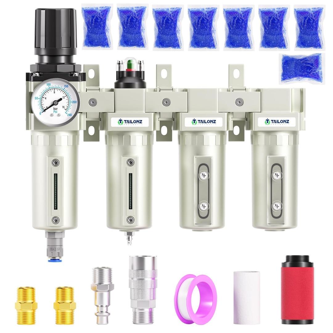 TAILONZ PNEUMATIC 0-240 PSI 1/2 Inch NPT Industrial Grade 4-Stage Air Drying System, Particulate Filter, Dual Desiccant Dryer, 5 Micron & 0.01 Micron Filtration (Auto Drain)