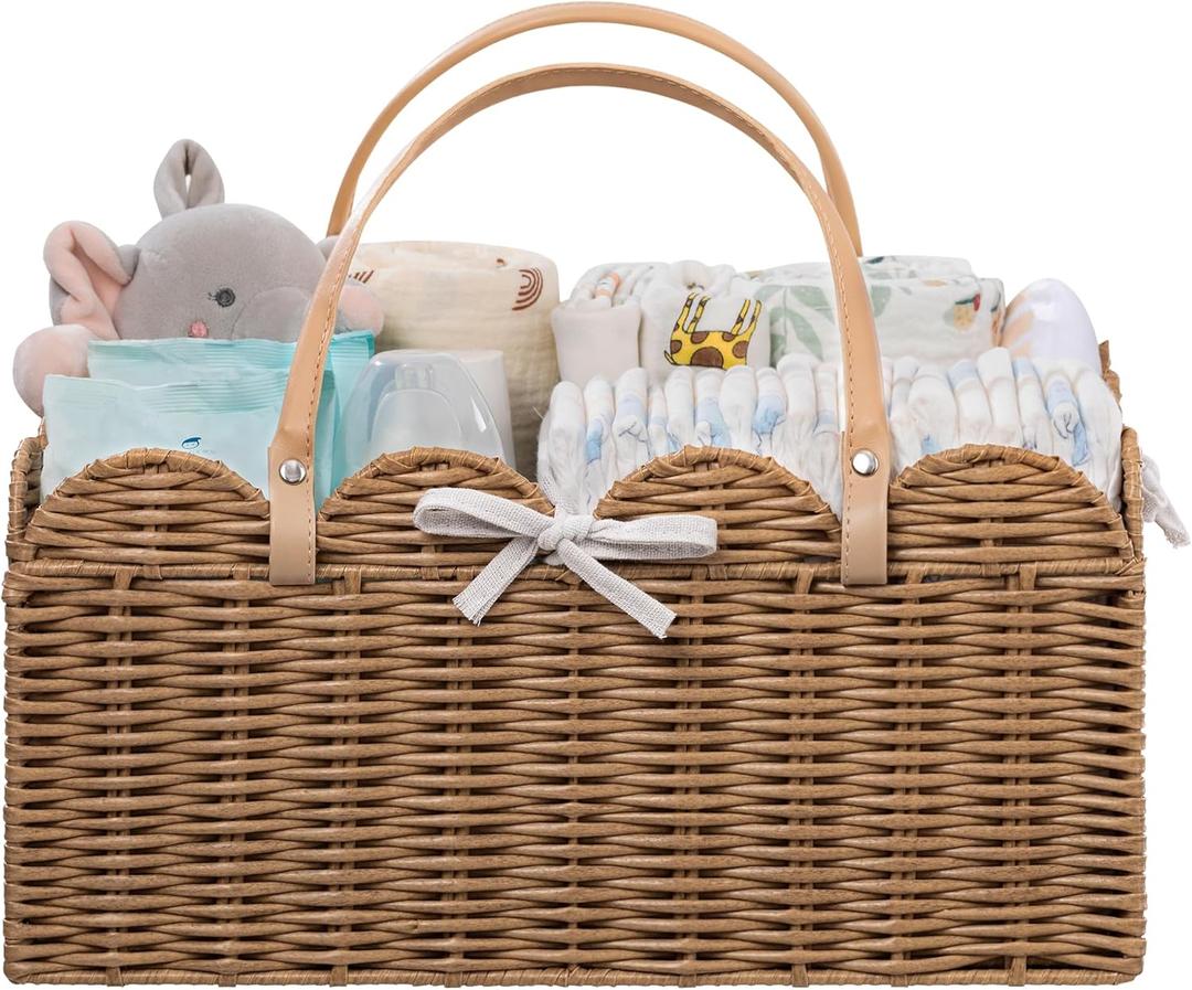 HBlife Baby Diaper Caddy Organizer, Large Portable Scalloped Plastic Wicker Woven Basket with Divider, Nursery Diaper Station, Baby Shower Gifts Basket, Car Organizer, Washable Waterproof