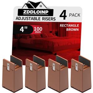 Bed Risers with Adjustable Screw Clamp, Fits Foot Thickness of Bed from 0 to 1.5 Inch, Elevation in Heights 4 Inch Heavy Duty Risers for Sofa Desk Table Cabinet Supports (4Pack, Brown)