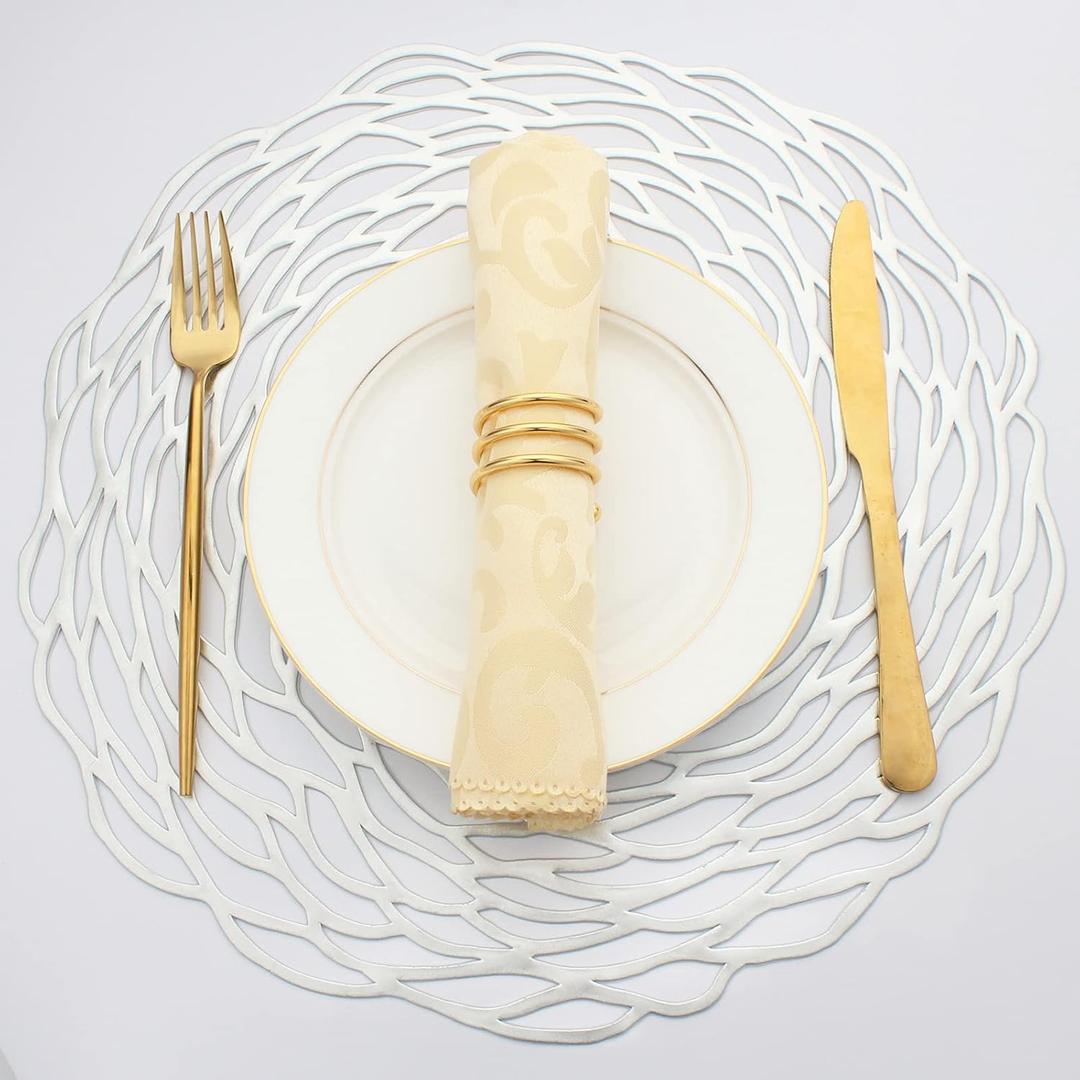 Evevde Silver Round Placemats for Dinner Table Set of 6 Metallic Plastic Vinyl Place Mats No-Slip Wipeable 6Pcs Table Mats for Daily Use Wedding Anniversary Kitchen Table Decoration(Dia:15inch/38cm)