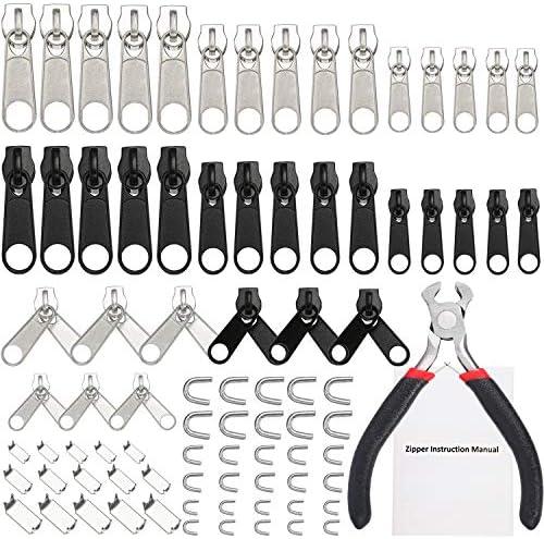 TecUnite 85 Pcs Zipper Repair Kit with Replacement Zipper and Pull Nylon Zippers Slider Universal Zippers Repair Kit with Instruction Manual Install Plier for Luggage Jacket Coat Jean Black and Silver