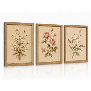 Floral Botanical Framed Canvas Wall Art Prints Set of 3 16x24 Inch