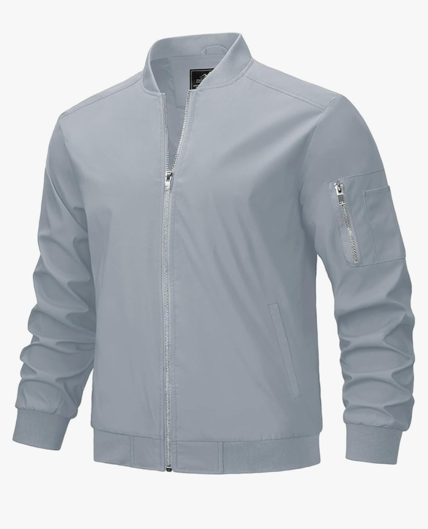 Men's Bomber Jacket Lightweight Casual Spring Fall Windbreaker Zip Up Coat with Pocket, Size M, Grey