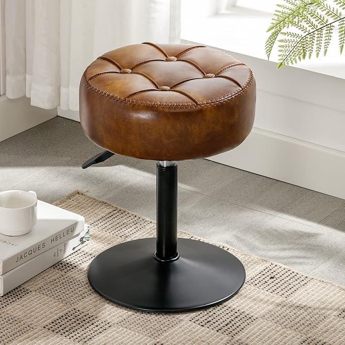 LUE BONA Adjustable Vanity Stool, 360°Swivel Vanity Chair for Makeup Room, Brown Stool Chair for Vanity, Small Faux Leather Vanity Stools for Bathroom, Living Room