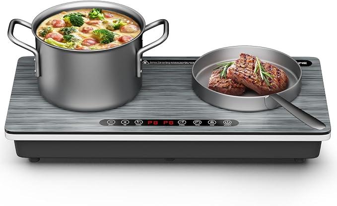 1800W Dual Induction Cooktop, Silver Wood-Grain Panel, 2×900W Burners, Touch Control, 8 Heating Levels, Timer, Black Ceramic Glass, Compatible with Magnetic Cookware