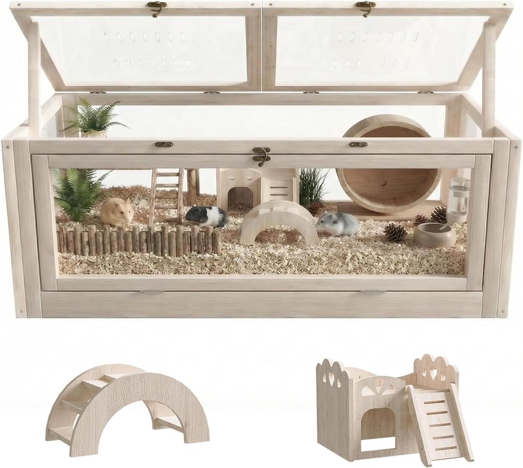 Wooden Hamster Cage with Small House and Bridge, Hamster Habitat with Lockable Design, Small Animal Habitat with Openable Top and Front Doors for Gerbil Guinea Pig Rat, 32" L*16" W*16" H