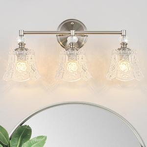 Brushed Nickel Bathroom Vanity Light Fixture, 3-Light with Rose Pattern Crystal Glass Shade