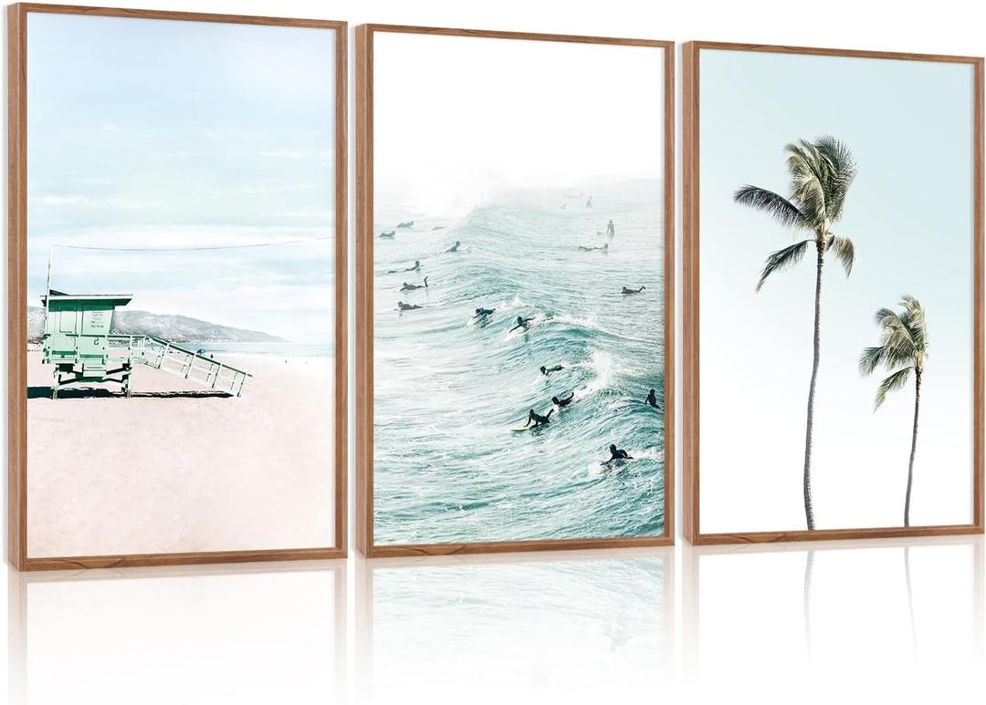 CHDITB Coastal Palm Tree Framed Wall Art, Seaside Beach Surfing Posters, 24"L x 36"W