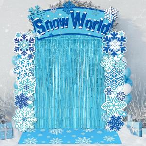 VitalCozy 7pcs Birthday Party Decorations Snowflake Tinsel Foil Fringe Curtains Porch Banners Snow Rug Backdrop for Wonderland Party Decoration Winter Supplies